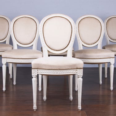 Antique French Louis XVI Style Painted Dining Chairs W/ Beige Fabric - Set of 6 