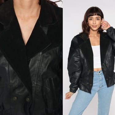 90s Leather Jacket Black Textured Vintage Structured Blazer Medium Notch Lapel Buttoned Pockets Tailored Outerwear Classic Medium 
