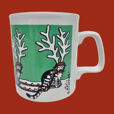 Vintage Christmas Mug Retro 1980s Kiln Craft + B. Kliban + Cat Reindeer + White Porcelain + XMas Kitchen + Drinking + Holiday Home Decor 