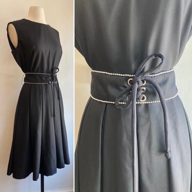 Vintage 60s 70s Occasion Dress / Party Dress / Fit and Flare Cut + Wide CORSET Belt w/ SILVER BEAD Trim /  / R&K + Qiana Fabric 