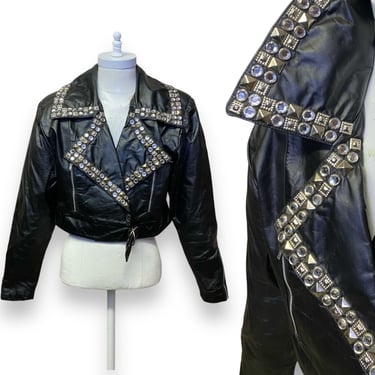 Vintage Black Leather Jacket studded Cropped 80s Womens Large 