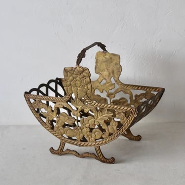 Korean Ornate Cast Brass Basket Flower Details Vintage Mid Century 