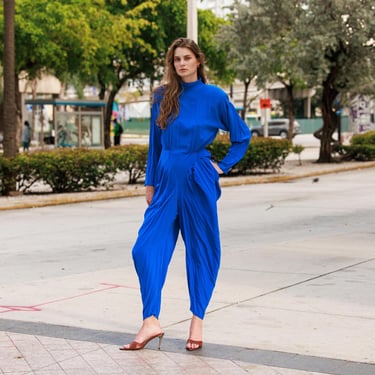 80s Royal Blue Long Sleeve Silk Avant Garde Jumpsuit Vintage Evening Geometric Statement Jumpsuit 
