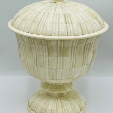 Vintage  Mosaic Lidded Storage Bowl Wood Interior Camel Bone  Bowl  - Nice Condition 