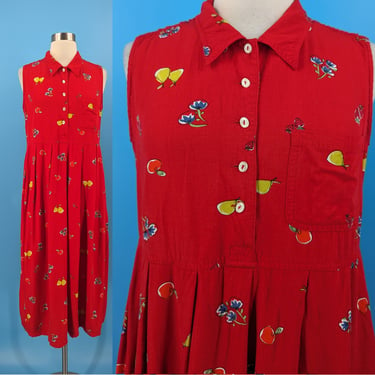 90s Sigrid Olsen Sport Petite 12 Red Sleeveless Fruit Print Half Button Midi Dress 