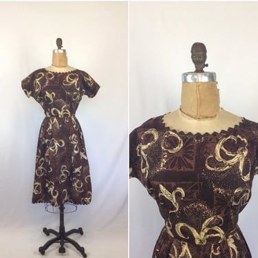 Vintage 50s Dress | Vintage brown floral print day dress | 1950s cotton fit and flare dress 
