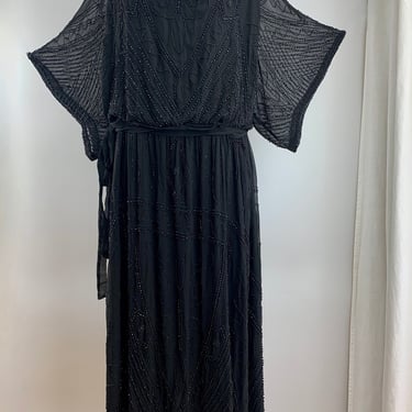 1920's BEADED DRESS - Black Silk Chiffon - Faceted Black Glass Beadwork - Sheer Silk Lining - Authentic Vintage - Size Medium 