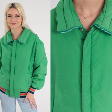 Green Puffy Jacket 70s Retro Ski Jacket White Stag Puffer Coat Warm Jacket Snap Up 1970s Vintage Puff Winter Coat Medium 