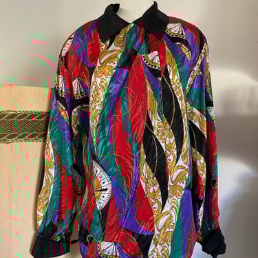 Vintage 80s Novelty Abstract Salvador Dali Clock Blouse; 80s Street Wear Picasso Blouse with Jewel Tone Argyle Print; Funky Retro Pop Style 