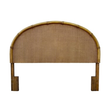 Vintage Queen Headboard with Faux Bamboo & Rattan Wicker - Wooded Half Moon Style Full Coastal Bedroom Furniture 