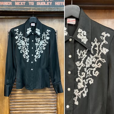 Vintage 1940’s Black x White Gabardine Western Rockabilly Cowboy Ladies Shirt, 40’s Western Wear, Snap Button Shirt, Vintage Clothing 