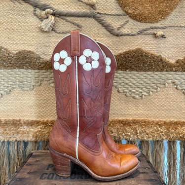 ACME Vintage 70s Cowgirl Boots | Western Leather Flower Inlay Design | 1970s Cowgirl | Festival | Womens Size 6-6.5 narrow 