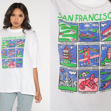 San Francisco Shirt 90s SF California Tshirt San Fran Landmarks Graphic Tee Retro Tourist Single Stitch White Vintage 1990s Large xl l 