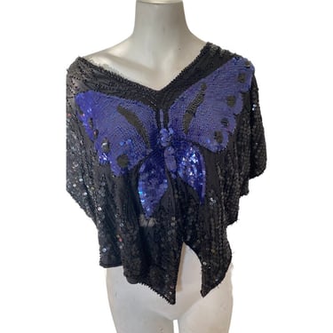 80s BUTTERFLY cape blouse top, sequin purple beaded butterfly top, disco party top, vintage cocktail blouse fun festival top s m l 