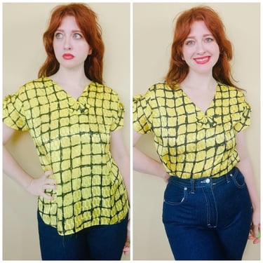 1980s Vintage Poly Silk Black and Yellow Blouse / 80s Bow Grid Cap Sleeve Shirt / Size Medium - Large 