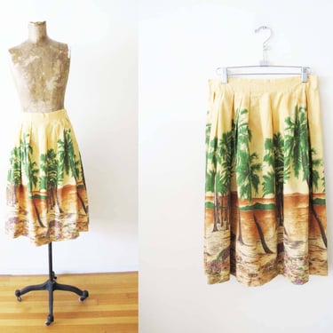 Vintage 60s Palm Tree Print Skirt 28 S M - 1960s Tropical Tiki Golden Yellow Full Skirt - Rockabilly Retro Style 