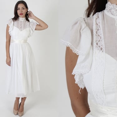80s All White Victorian Gunne Sax Dress / Traditional Romantic Floral Lace Gown / Bridal Tea Party Lawn Outfit With Matching Sash 