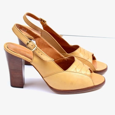 1970s Woven Leather Open Toe Slingback High Heels - Vintage Stacked Heel Low Platform Sandals - Size 7.5 
