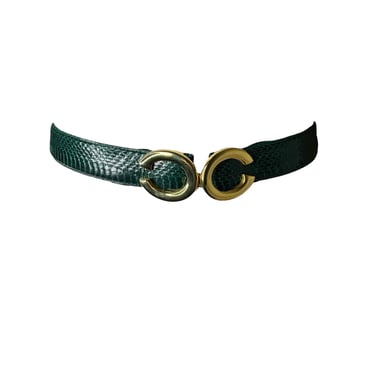 Vintage Banker's Note Green Snakeskin Adjustable Belt, Gold Belt Buckle 
