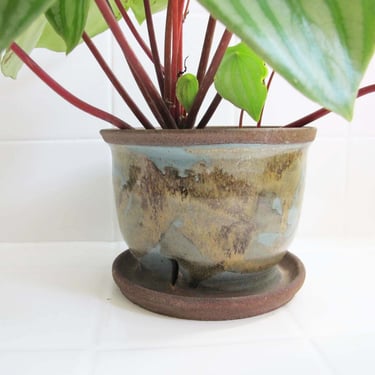 Vintage 70s Studio Pottery Self Watering Pot 3 Inch - 1970s Hand Thrown Earthy Brown Blue Plant Pot with Dish - Bohemian Home Decor 