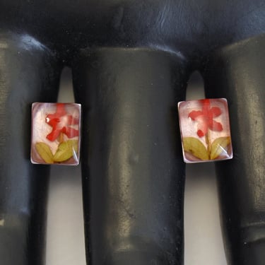 70's sterling corn flower in resin studs, sweet floral 925 silver earrings, original box 