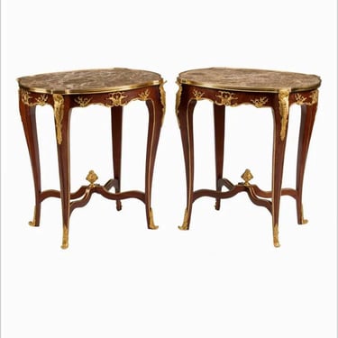 Pair of Francois Linke Attributed French Louis XV Style Gilt Bronze Mounted Mahogany Side Tables, Early 20th Century 