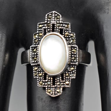 60's Art Deco style sterling MOP marcasite size 9 ring, 925 silver Mother of Pearl pyrite statement 