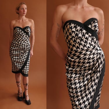 Vintage 80s A.J. Bari Silk Houndstooth Strapless Cocktail Dress/ Size XS 