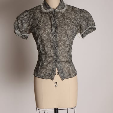 1950s Gray and White Floral and Spiderweb Print Short Puffy Sleeve Button Up Nylon Blouse -L 