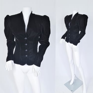 1980's Black Rayon Velvet Fitted Gothic Button Up Blazer I Jacket I Sz Sm I Puff Shoulders I Victorian Style 