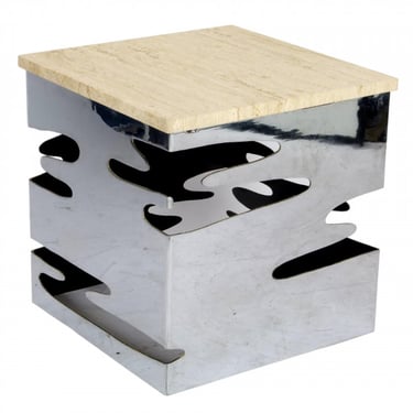 Travertine and Die Cut Steel Cube Side Table