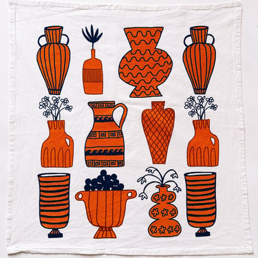 screen printed tea towel. Terracotta Vessels on white. flour sack cotton. ecofriendly. boho home. hostess gift. flowers. mother's day. 