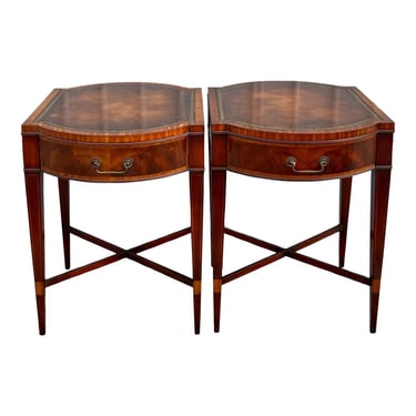 Vintage 1940’s Federal Style Inlaid Leather Top Side Tables - a Pair 