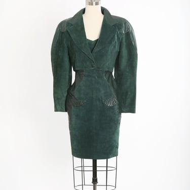 Vintage Micheal Hoban North Beach green leather mini dress + cropped jacket 