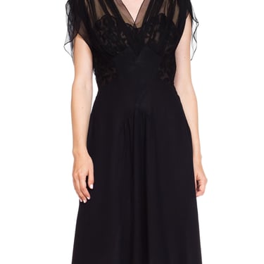 1940S Black Sheer Nylon & Lace Fitted Cocktail Dress 