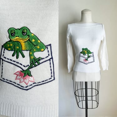 Vintage 1970s Frog Novelty Print Sweater / XS 