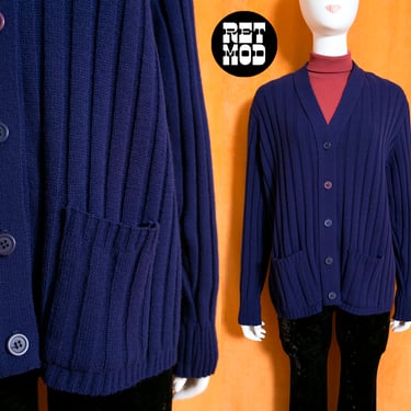Cozy Vintage 60s 70s Navy Blue Ribbed Cardigan with Pockets 