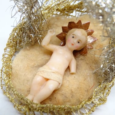 Antique French Wax Baby Jesus in Braided Basket Bassinet, Tinsel Hanger, Christmas Ornament 