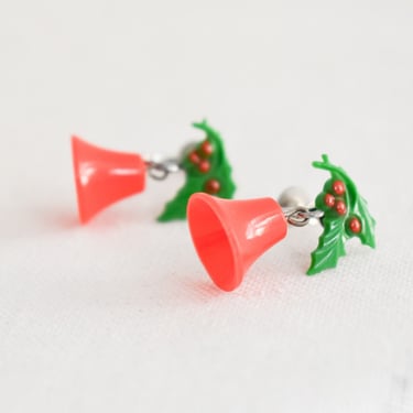 Vintage Red Bell and Holly Screw Back Earrings 