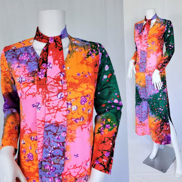 1970's Psychedelic Rainbow Batik Print Caftan Tunic Poly Dress I Sz Sm 