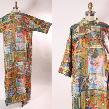 Late 1960s Early 1970s Novelty Multi-Colored Screen Print Half Sleeve India Scenic and Person Print Hawaiian Dress by Sun Fashions of Hawaii 