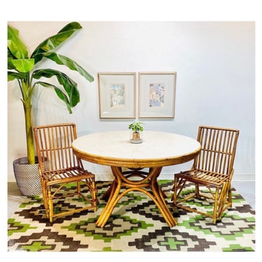 1970s Bamboo Rattan Round Dining Table With Laminate Top, Tiki Dining Table 