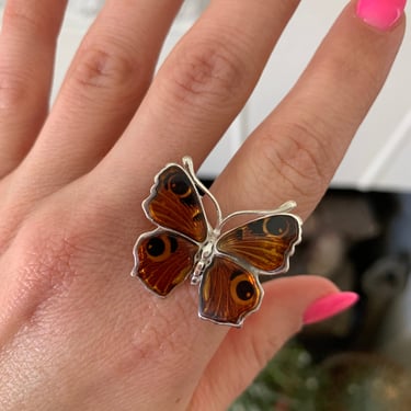 Buckeye Butterfly Ring, Sterling and Amber