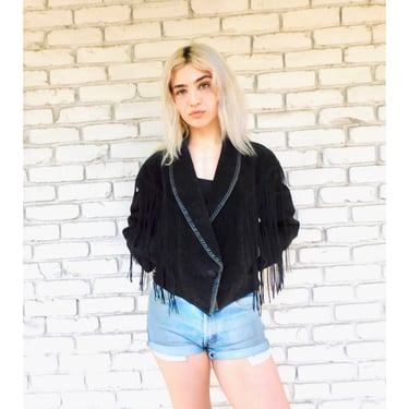 South Congress Suede Jacket // vintage 80s black southwestern leather boho country western hippie dress fringe cropped 1980s 70s // S/M 