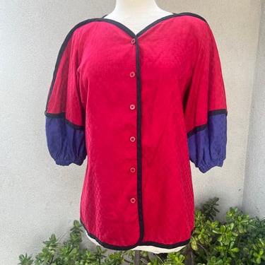 Vintage 80s Jeanne Marc blouse cotton puffy sleeve red black purple Small 8/10 