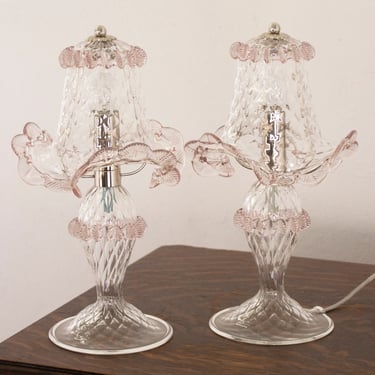 Set di 2 Lampade da tavolo in vetro di Murano con decorazioni artistiche ametista chiaro, fatta a mano Made in Italy luce veneziana 