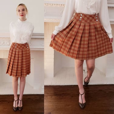 1960s Plaid Wool Short Skirt Pleated / 60s Red Beige Tartan Skirt Sailor Style Buttons The Villager Dark Academia / XS /Eugenie 