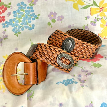 Woven Leather Belt, Metal Conchos, Wide Braided Belt, Hippie Boho, Vintage 80s 90s 