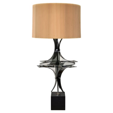 Tall Vintage Smoked Lucite and Chrome Table Lamp with Pleated Shade, 1970s 