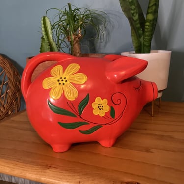 Vintage Piggy Bank, Mid Century Retro Groovy Hand Painted Coral Red With Yellow Flowers 